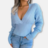 Dames Gebreide Top – Slim Fit – Diepe V-Hals – Ribboorden – Opengebreide Mouwen