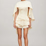 Lyssty White Shawl Panel Ruffled Satin Mini Dress