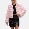 Dames Jas – Imitatiebont – Cropped Pasvorm – Panelen – Opstaande Kraag – Lange Mouw
