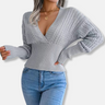 Dames Gebreide Top – Slim Fit – Diepe V-Hals – Ribboorden – Opengebreide Mouwen