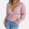 Dames Gebreide Top – Slim Fit – Diepe V-Hals – Ribboorden – Opengebreide Mouwen