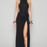 Balius Black Backless Pleated Slit Maxi Dress