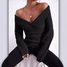 Damestrui – Slim Fit – Ribgebreid – Off-Shoulder – Wrap V-Hals – Lange Mouw