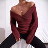 Damestrui – Slim Fit – Ribgebreid – Off-Shoulder – Wrap V-Hals – Lange Mouw