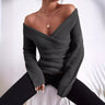 Damestrui – Slim Fit – Ribgebreid – Off-Shoulder – Wrap V-Hals – Lange Mouw