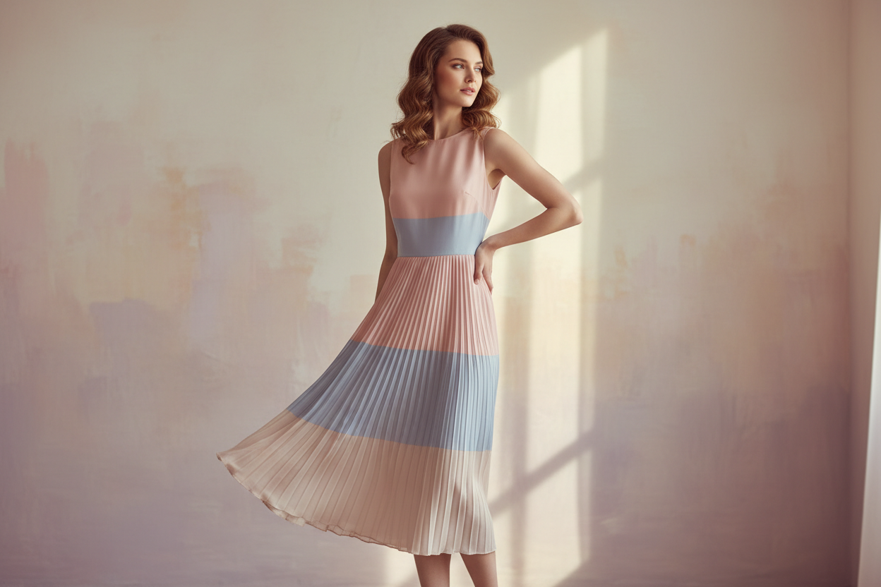 Een midi dres met een dame zachte kleuren maar ook de achtergrond en moet wel realistisch zijn