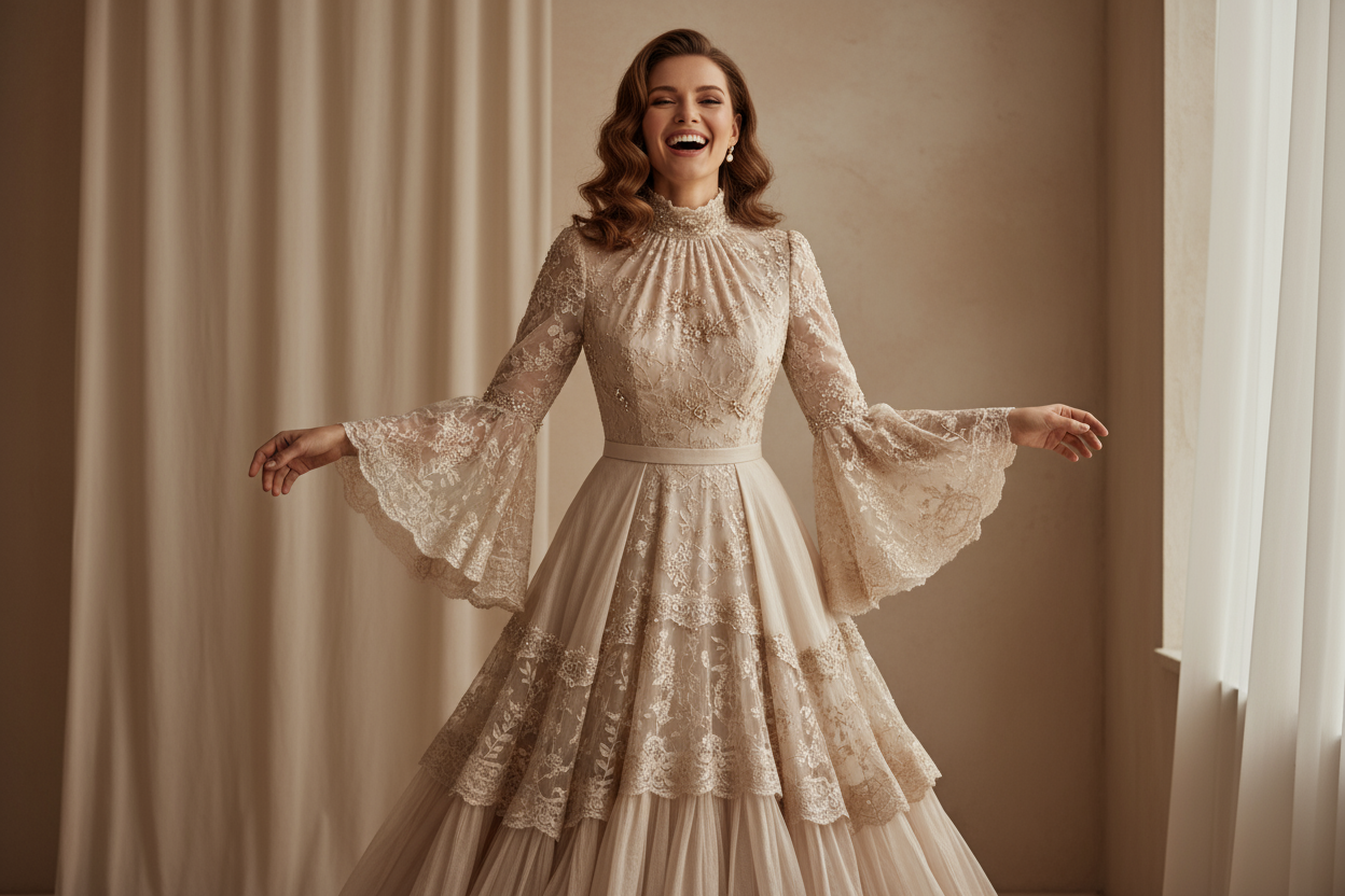 Ik wil een blije vrouw met een mooie jurk in beige achtergrond tinten