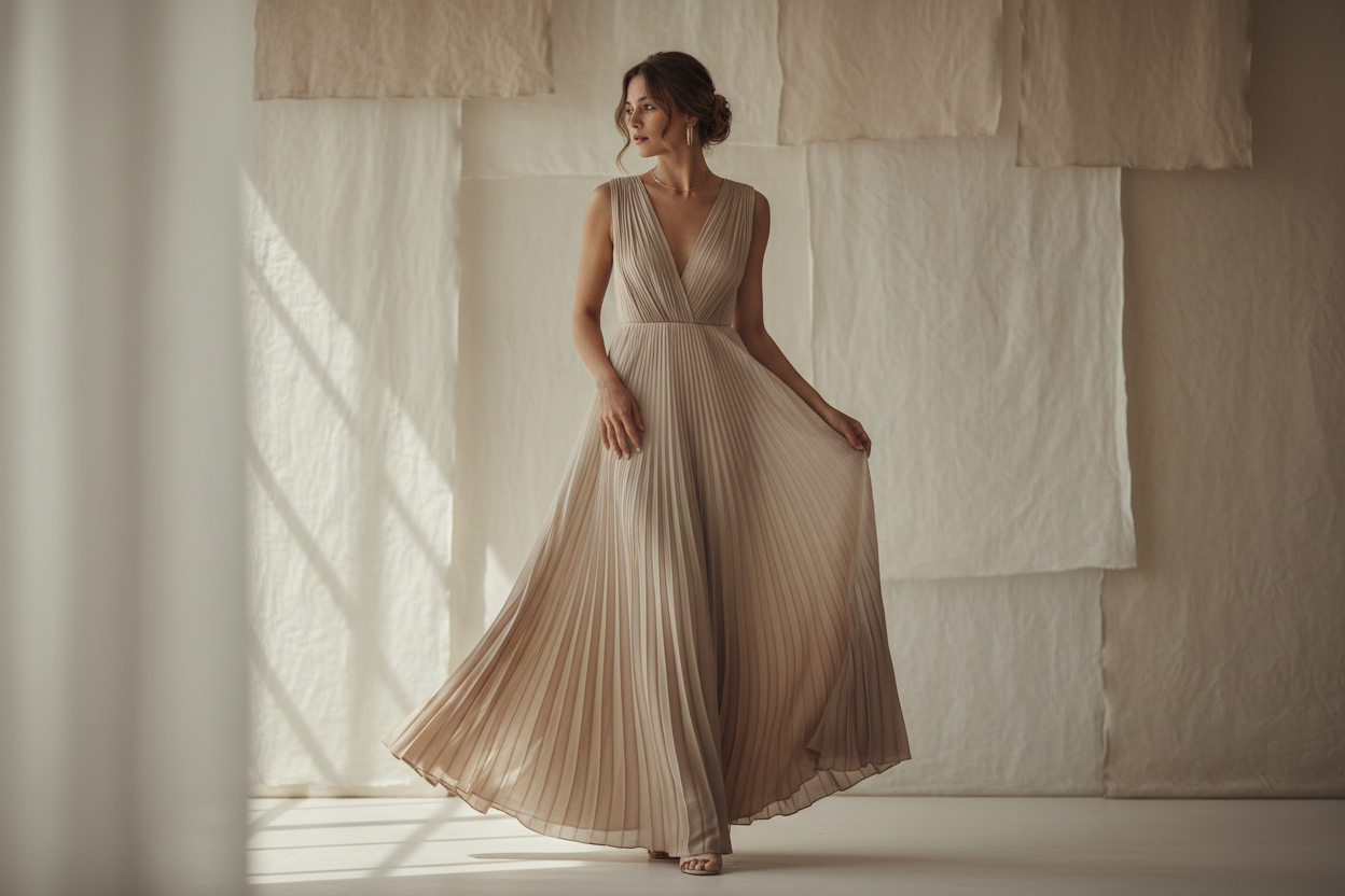 Ik zoek een foto met een vrouw met een maxi dress maar wel beige zachte kleuren alsook de achtergrond en ook realistisch 