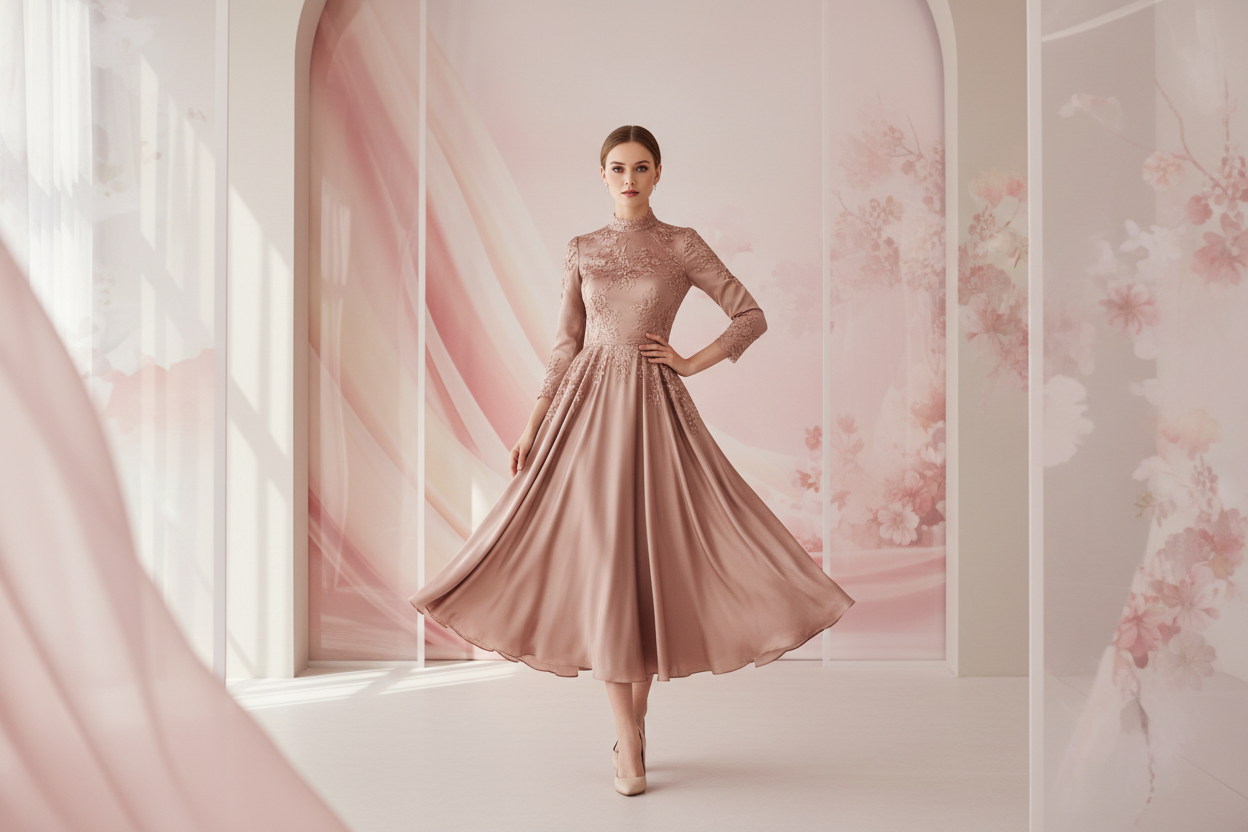 Midi dress met dame in mooie achtergrond zachte kleuren